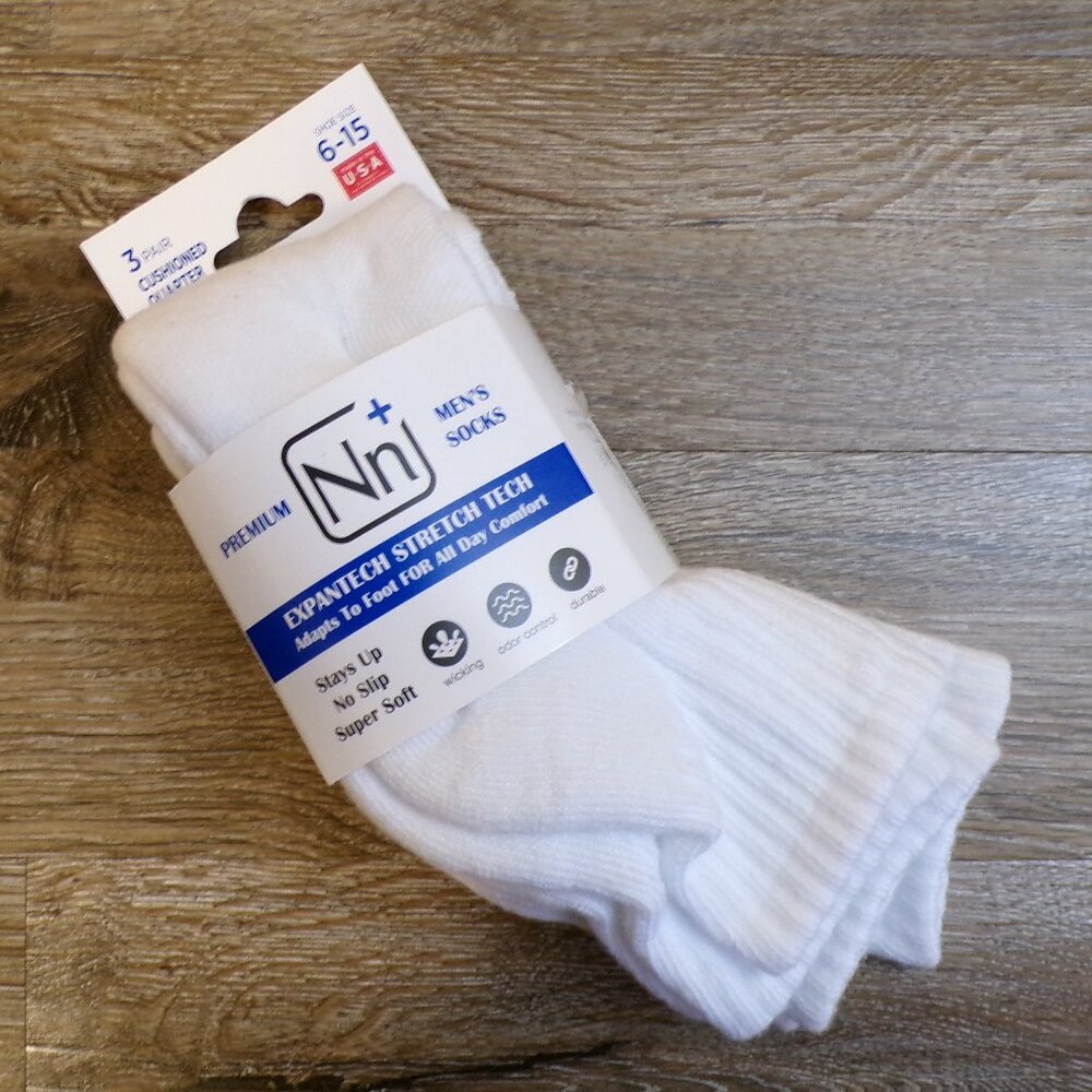 No nonsense Men's NWT Cushioned Quarter Top Socks 3 Pair White Size 6 -15 USA
